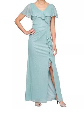 SLNY Women's Long Cascade Ruffle Front Dress with Bugle Beads